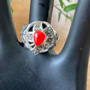 Marcasite  Carnelian Silver Plated  Ring  7 New in box